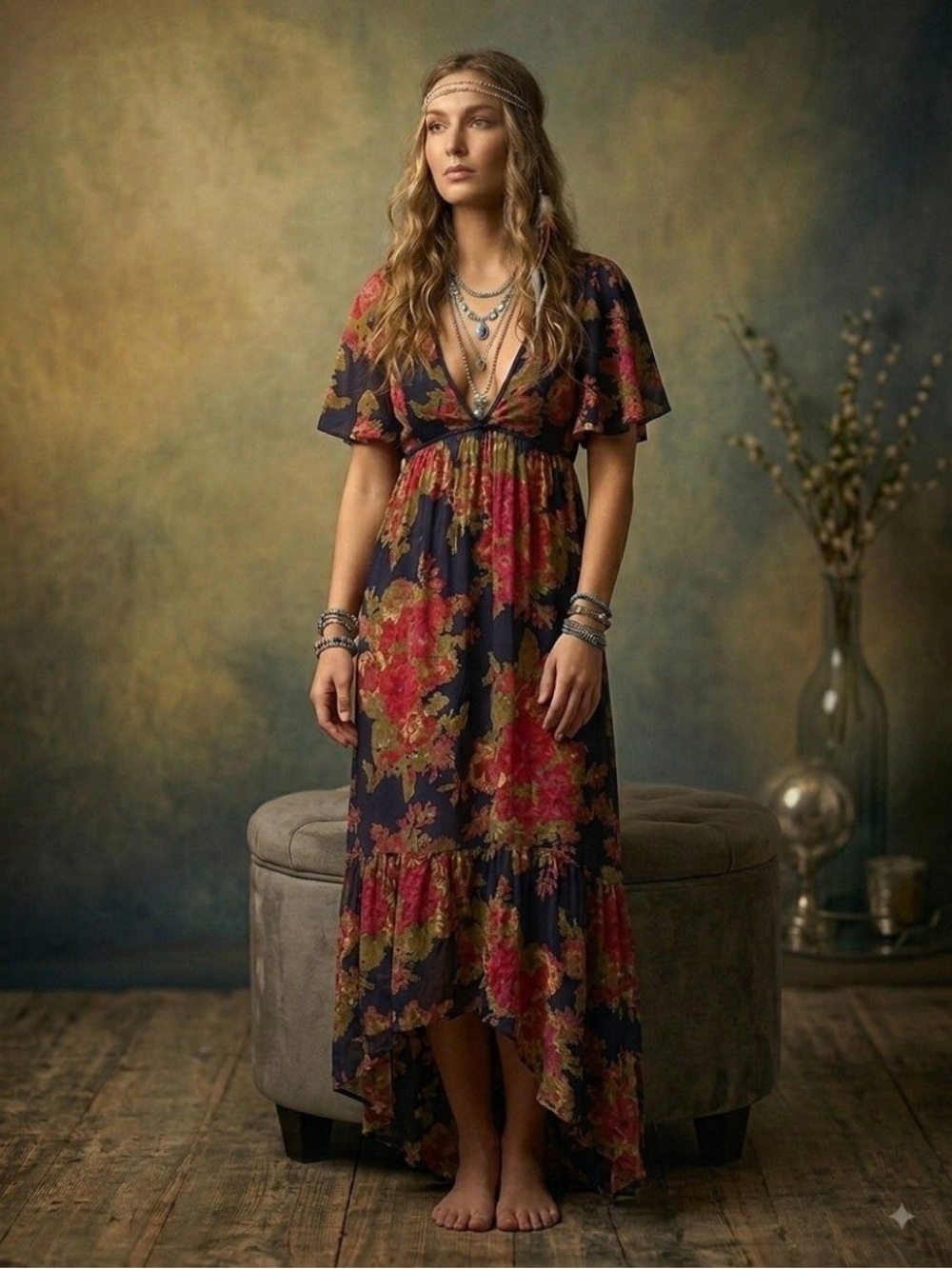 Angie Floral V-Neck Navy Boho Maxi Dress